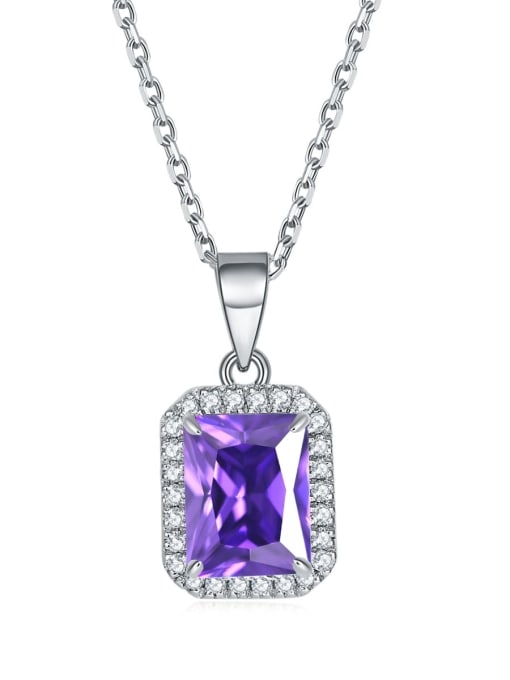 Purple Blue [February] 925 Sterling Silver Birthstone Rectangle Dainty Necklace